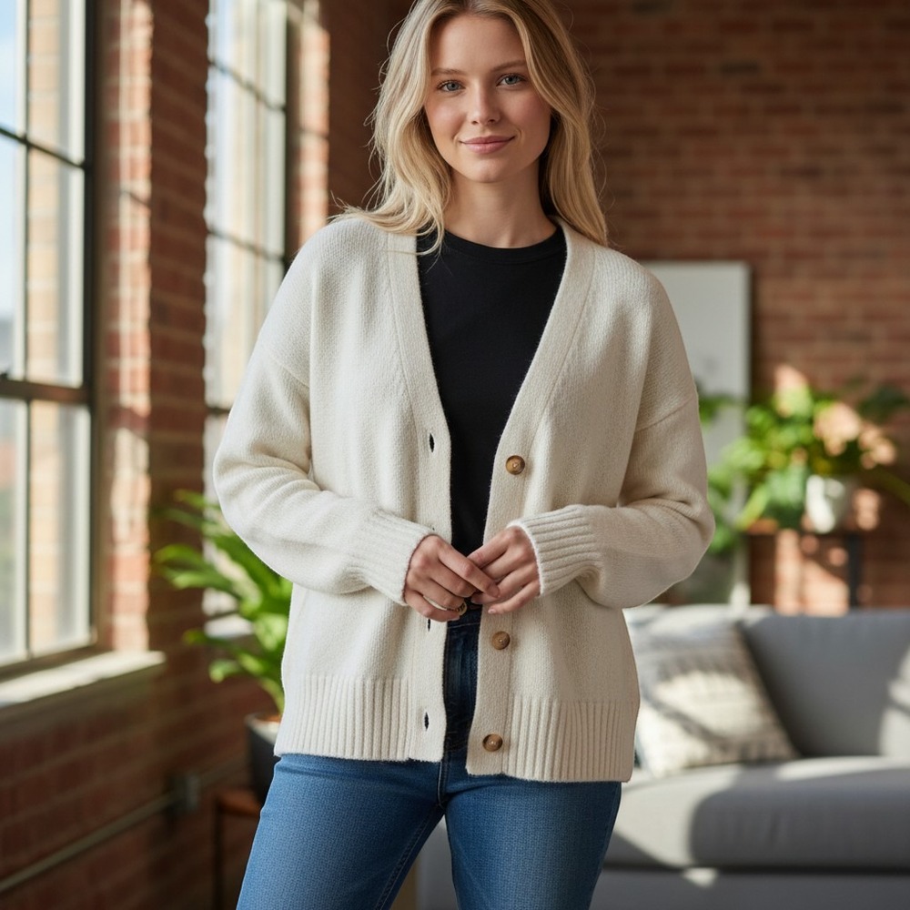 Abercrombie & Fitch Womens XL Cream V-Neck Knit Cardigan Cozycore Preppy Neutral